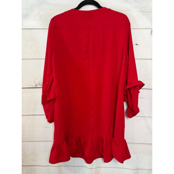 ZARA Red Sz M Long Sleeve Dress Ruffles V Neck Holiday Party Flirty FUN - Picture 2 of 5